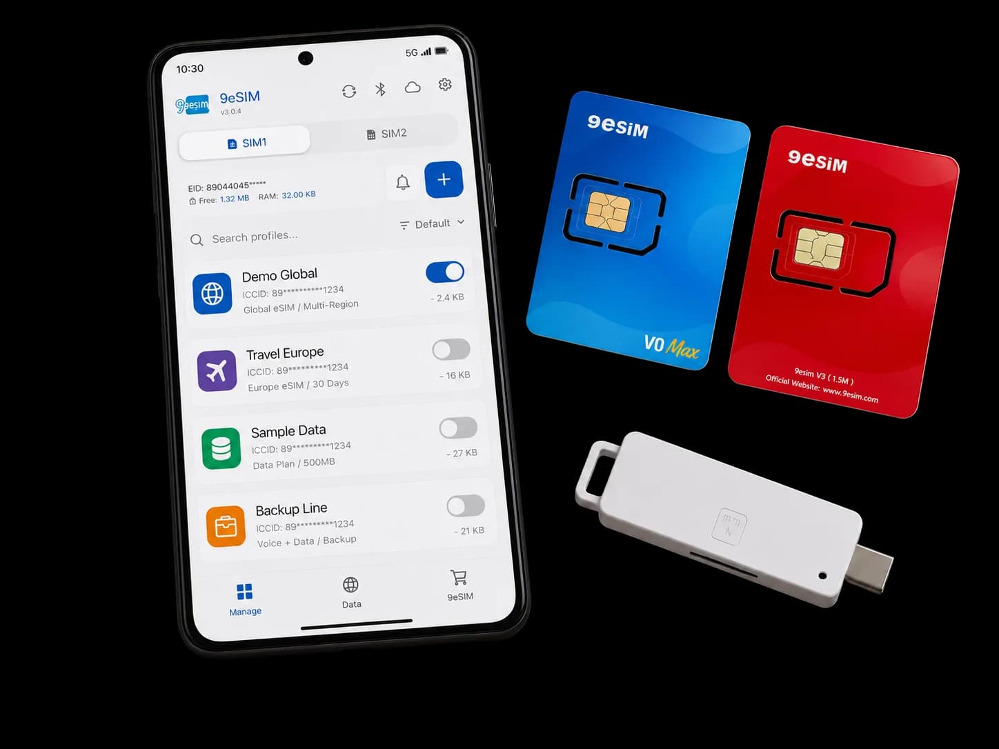 9eSIM app on Android with the V0 Max cards and USB-C reader